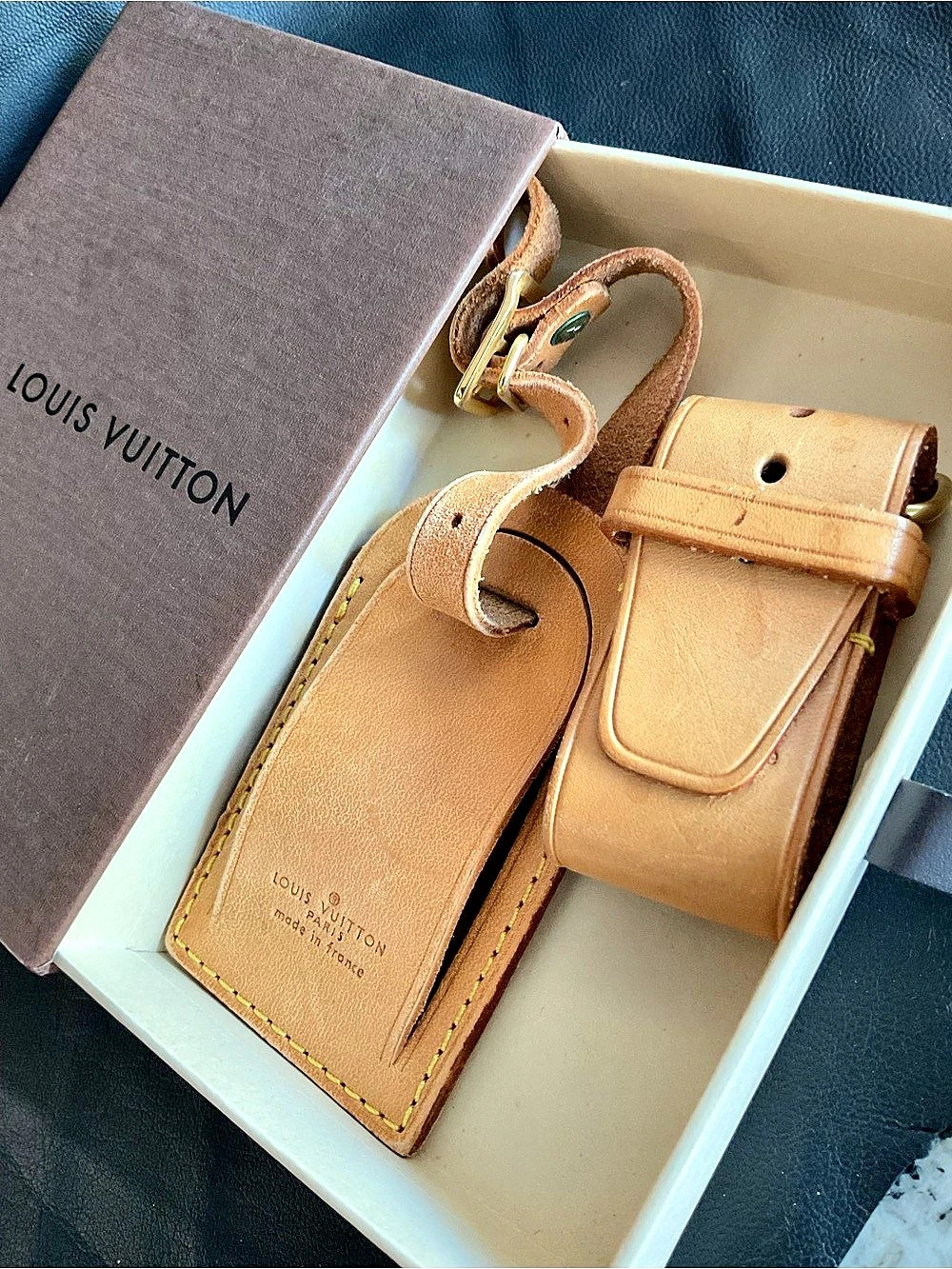 Louis Vuitton Vachetta Leather Luggage Tag and Handle Holder Set Brown
